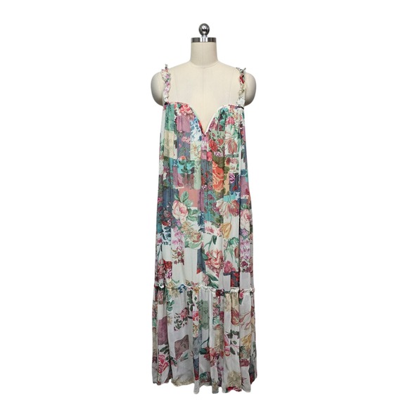 Anthropologie Pink Combo Patchwork Floral Ruffle Strap Maxi Dress Womens Size M - Picture 2 of 10